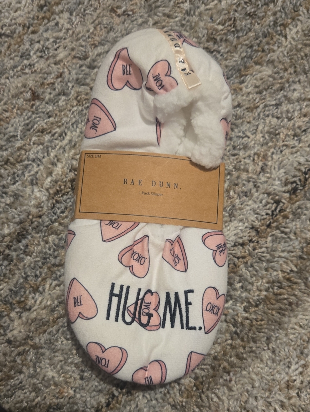 Rae Dunn White Slippers with Pink Heart Conversation Prints